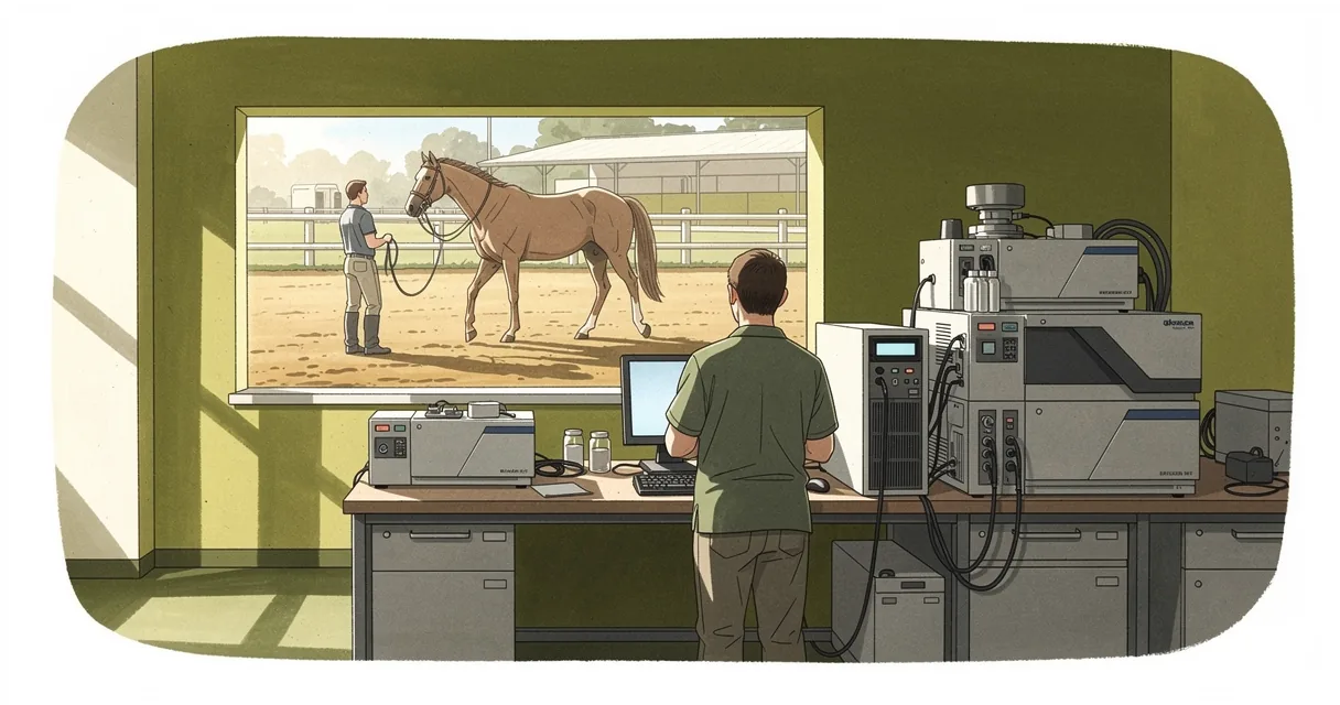 A technician at an analytical instrument with a horse being led through the yard beyond a window