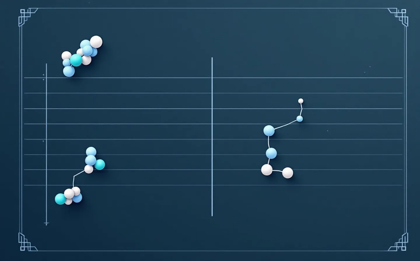 A clean reference-binder figure of two abstract molecular emblems side by side — a small seven-bead peptide chain in cyan-sky and a longer coiled protein chain in periwinkle — on a tabbed divider page over a cool slate notebook ground