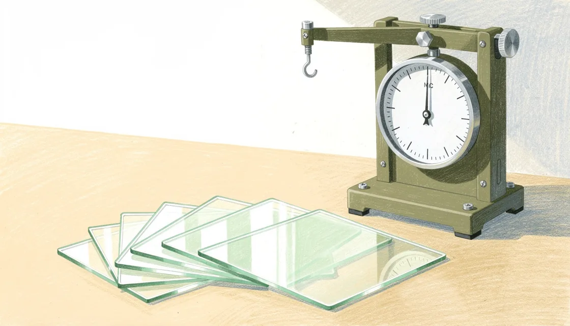 Glass tissue slides beside a mechanical force-measuring instrument on a laboratory bench