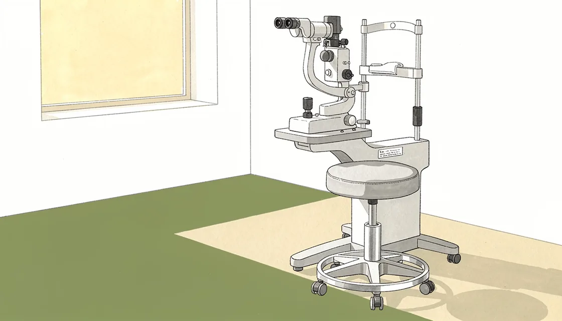 An unoccupied slit-lamp instrument and a round examination stool beside a softly lit window