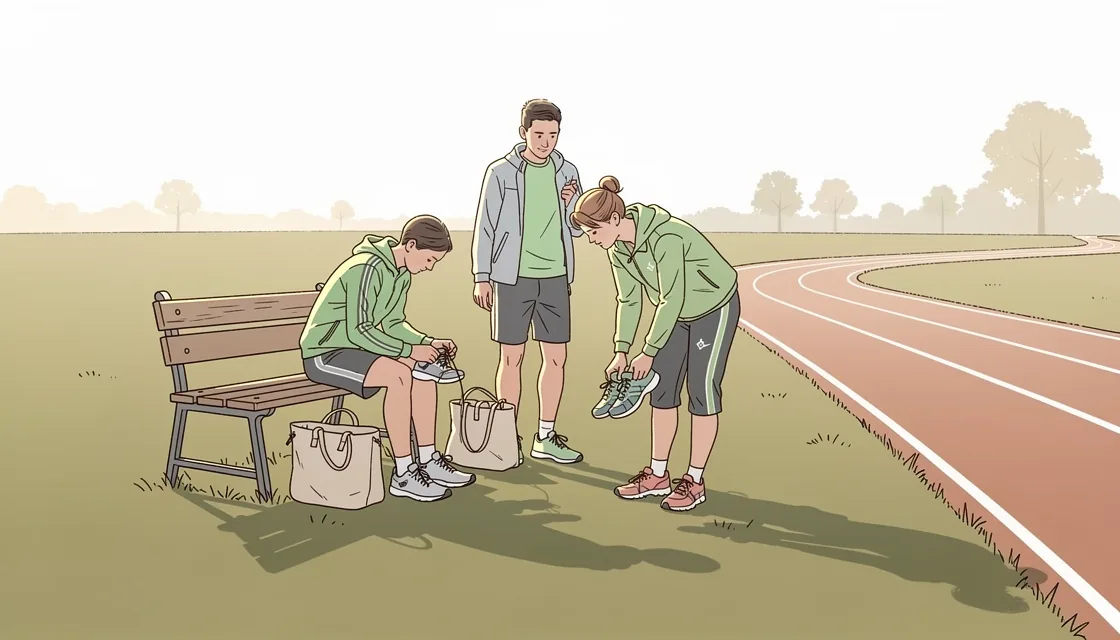 Adults gathering shoes and bags beside a track bench after ordinary training